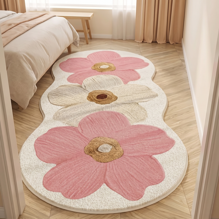 Flower Rug – Bedside Runner in Pink – seen from a doorway in a bedroom with sheer curtains
