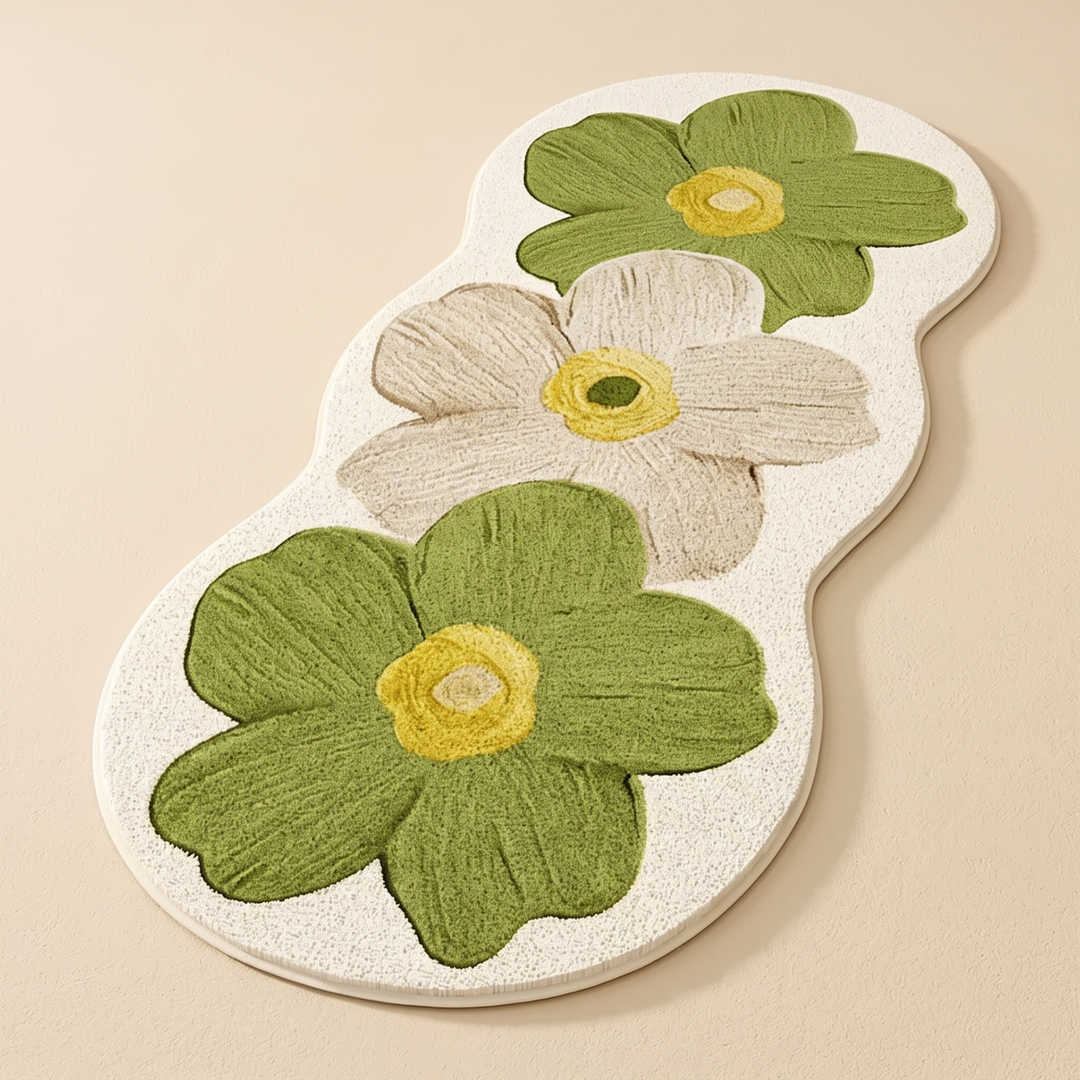 Flower Rug – Bedside Runner in Moss Green – top-down angled view of the whole rug on a plain beige background