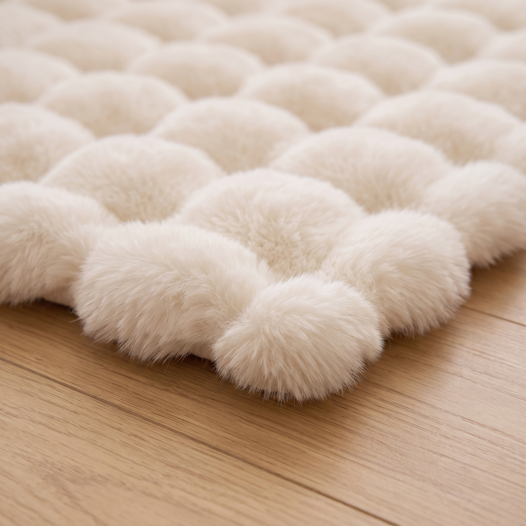 Fluffy Faux Fur Rug – Bubble Texture in White – close-up of scalloped bubble pile at the corner edge