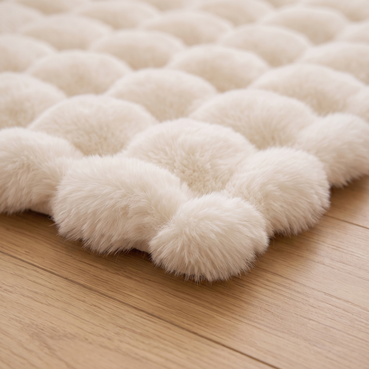 Fluffy Faux Fur Rug – Bubble Texture in White – close-up of scalloped bubble pile at the corner edge