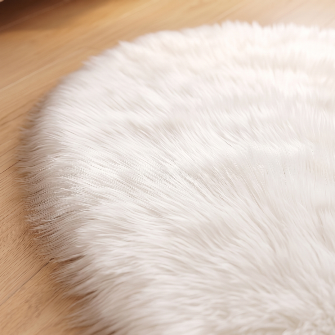 Fluffy Heart Rug – Faux Fur in White – close-up of the long fluffy pile edge curving on a wood floor