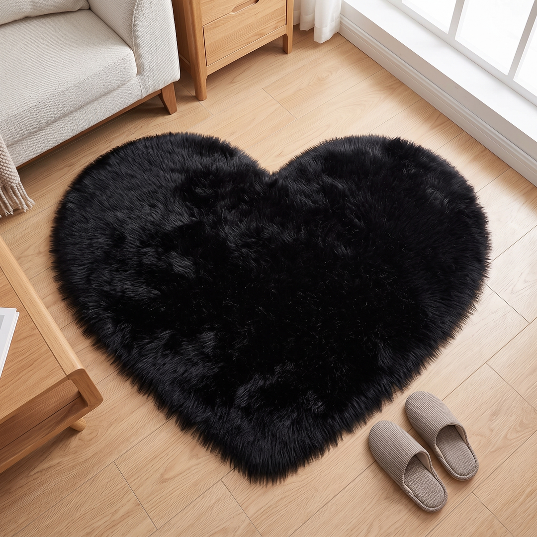 Fluffy Heart Rug – Faux Fur in Black – beside a pair of slippers in a living room