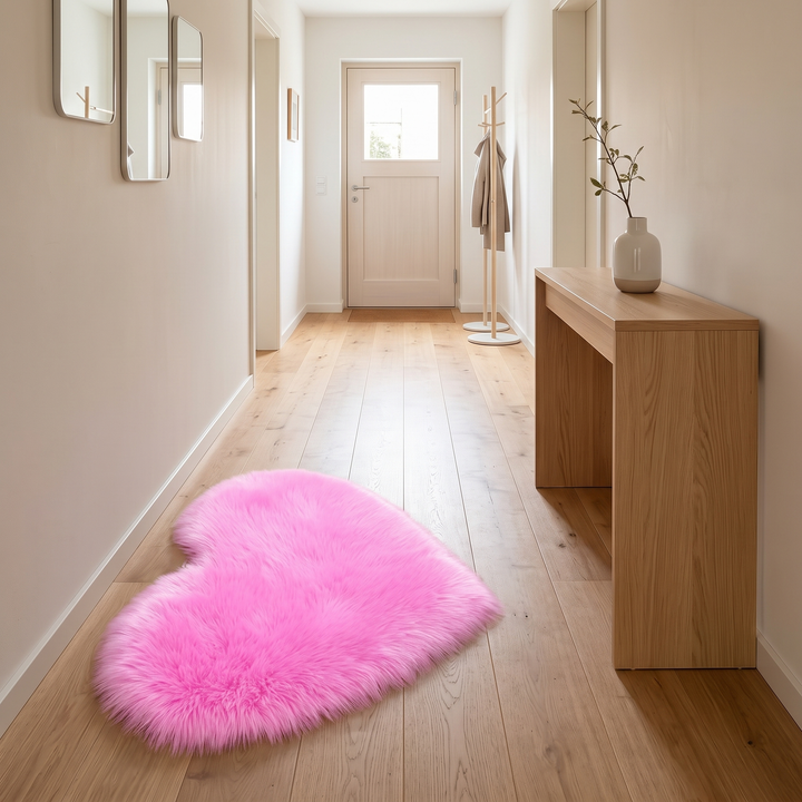 Fluffy Heart Rug – Faux Fur in Bright Pink – in a bright hallway with console table and front door
