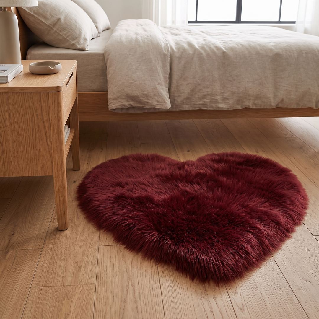 Fluffy Heart Rug – Faux Fur in Burgundy – near a nightstand topped with a book and small dish
