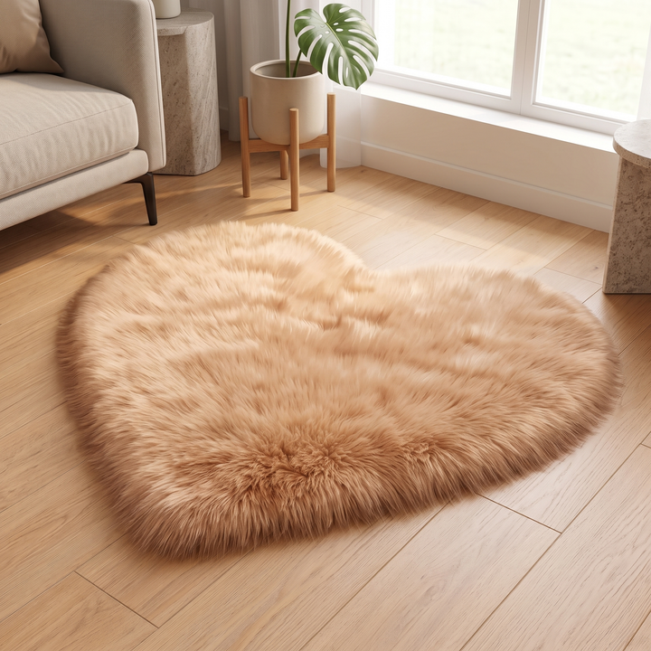 Fluffy Heart Rug – Faux Fur in Camel – by a window with a potted monstera on wooden stand