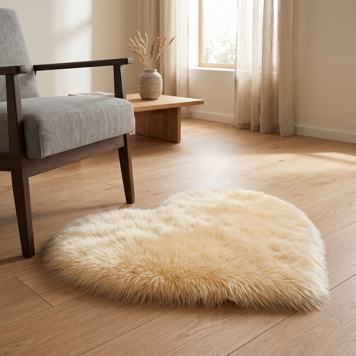 Fluffy Heart Rug – Faux Fur in Champagne – on a wood floor beside a gray armchair and side table