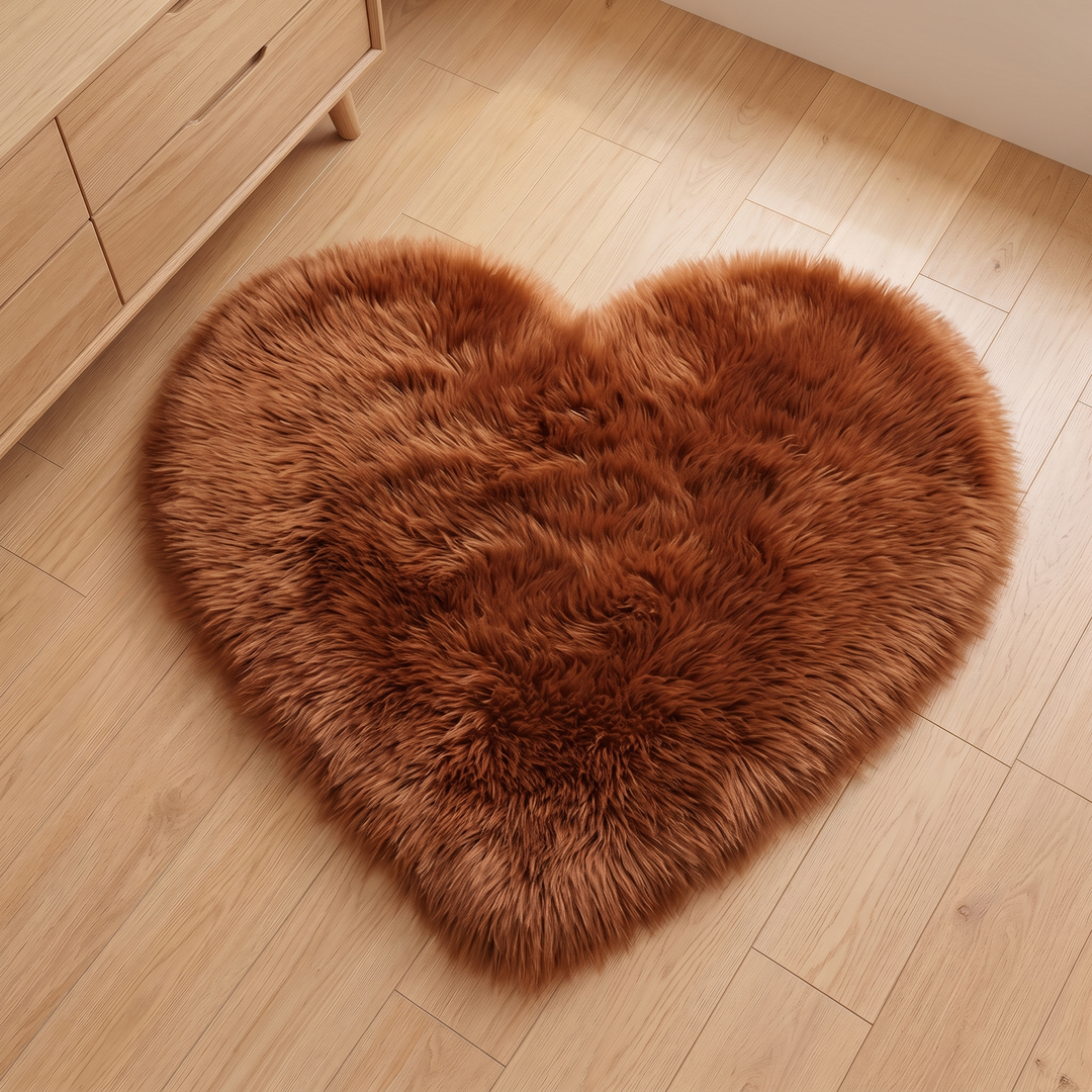 Fluffy Heart Rug – Faux Fur in Chestnut Brown – seen from above beside a wooden dresser on plank flooring