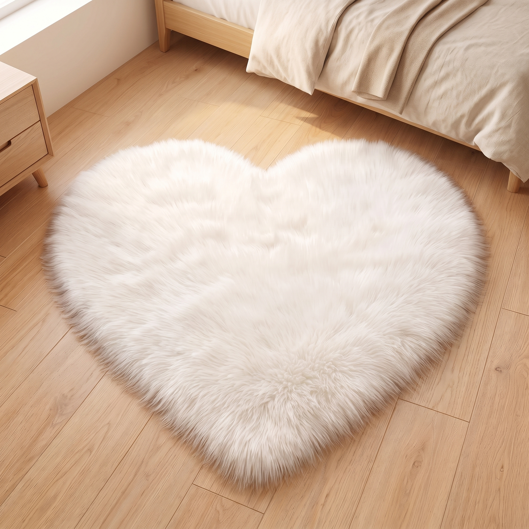 Fluffy Heart Rug – Faux Fur in Cream – high-angle view in a sunlit bedroom with beige bedding