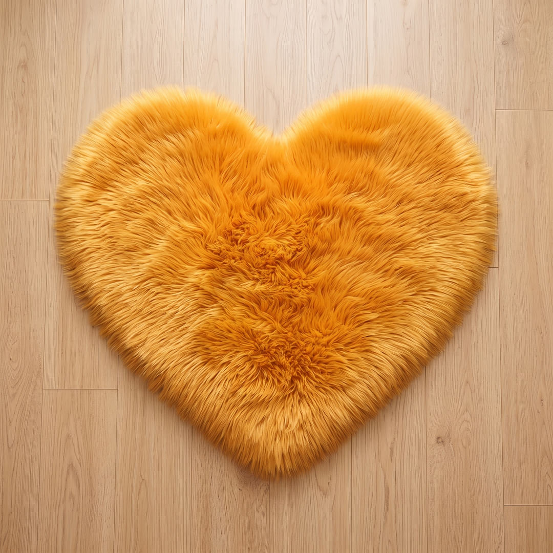 Fluffy Heart Rug – Faux Fur in Golden Orange – overhead view centered on bare vertical wood floorboards, nothing else in frame