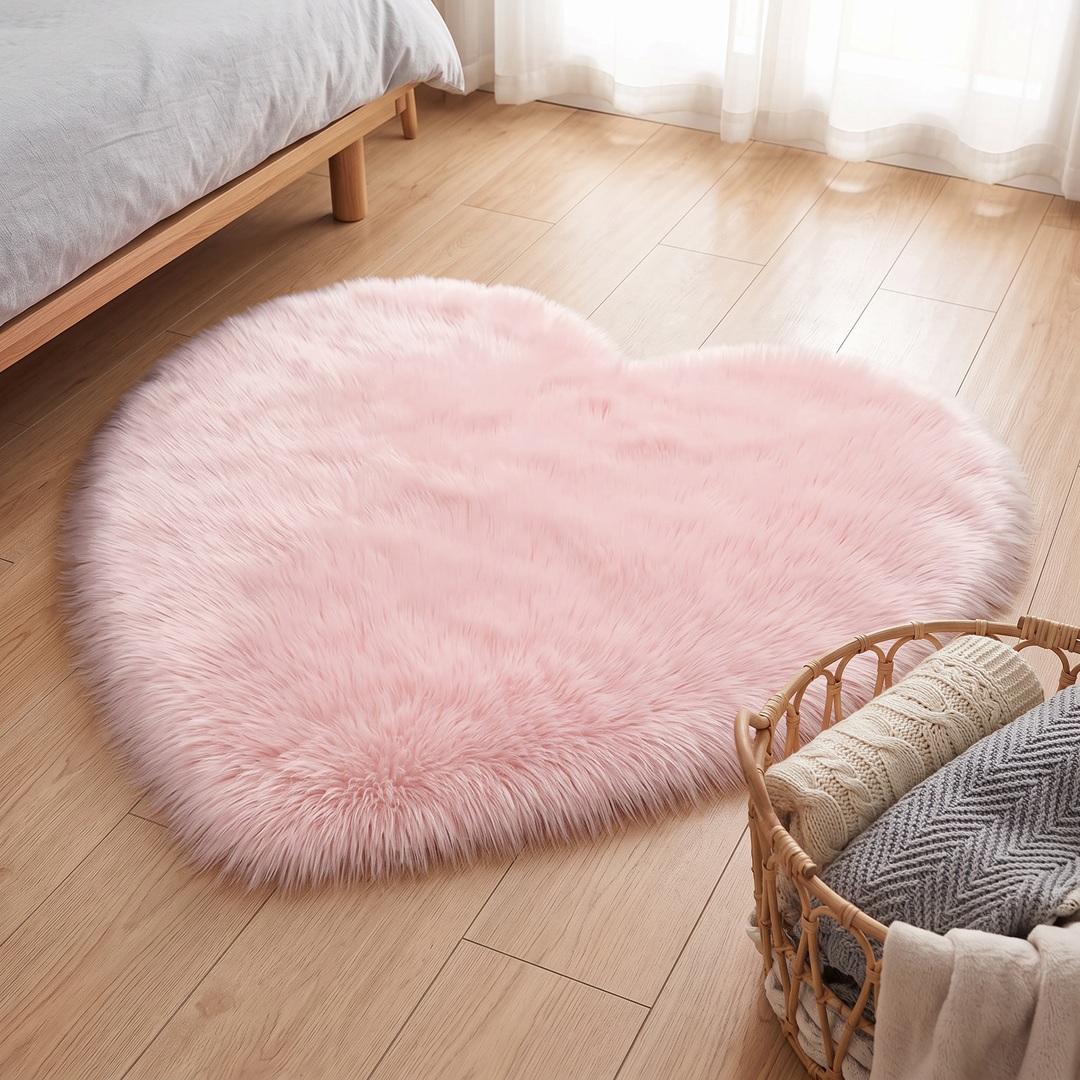 Fluffy Heart Rug – Faux Fur in Light Pink – beside a wicker basket of folded knit blankets near sheer curtains