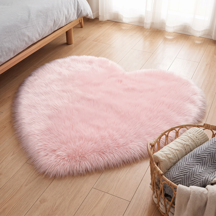 Fluffy Heart Rug – Faux Fur in Light Pink – beside a wicker basket of folded knit blankets near sheer curtains