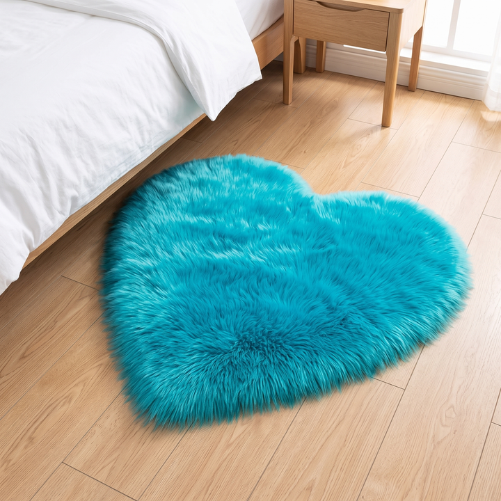 Fluffy Heart Rug – Faux Fur in Teal – next to a wooden bed frame with white duvet draping down