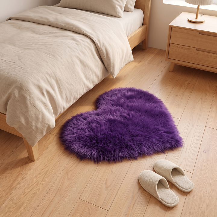 Fluffy Heart Rug – Faux Fur in Purple – next to a pair of slippers by a single wooden bed