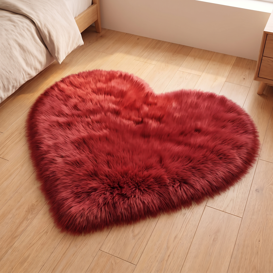 Fluffy Heart Rug – Faux Fur in Red – centered on diagonal planks with bed corner and drawers