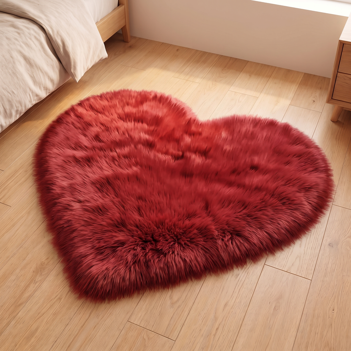 Fluffy Heart Rug – Faux Fur in Red – centered on diagonal planks with bed corner and drawers