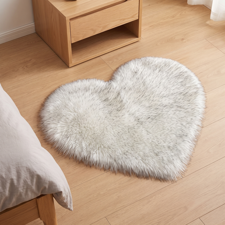 Fluffy Heart Rug – Faux Fur in Silver Frost – heart point angled toward camera between pillow and nightstand