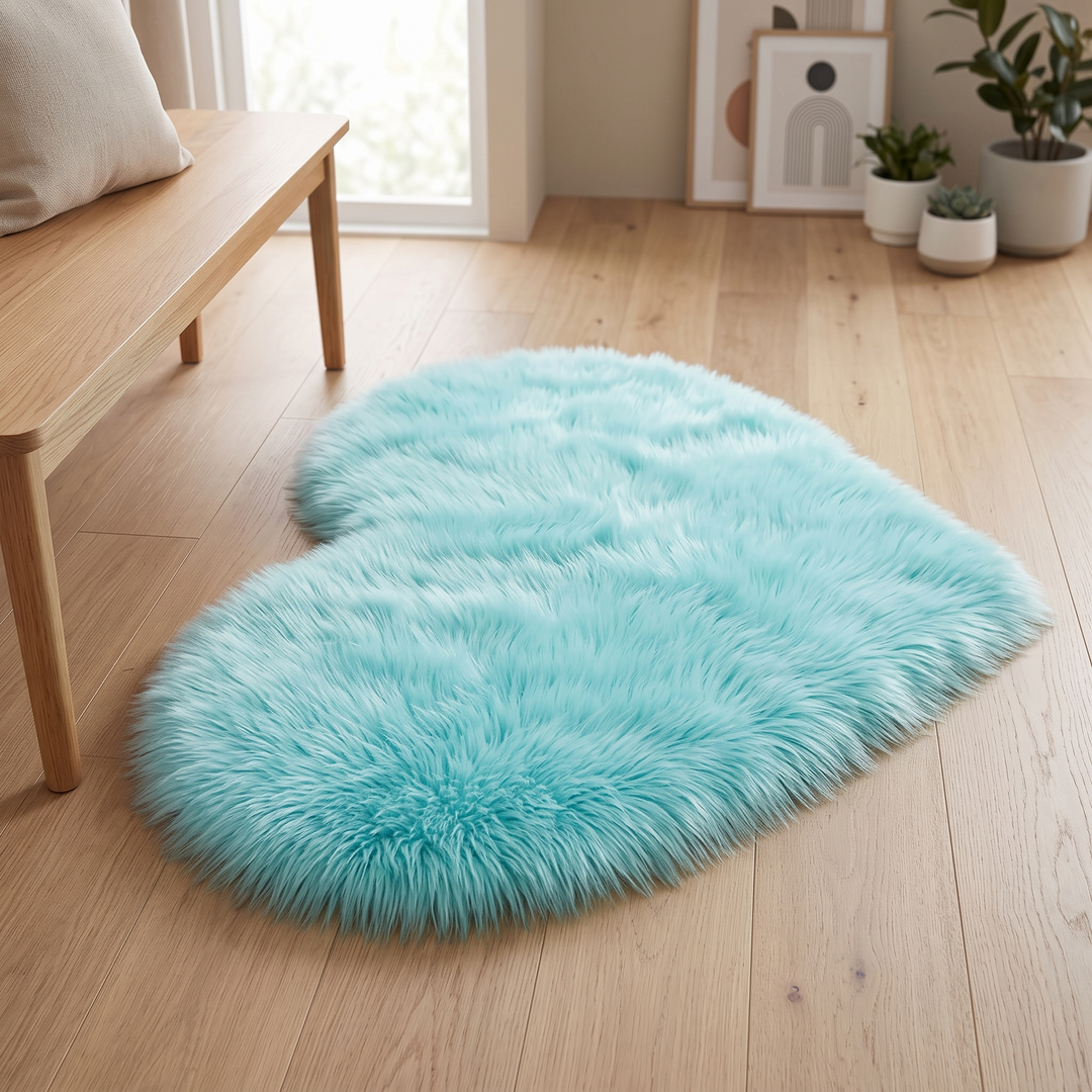 Fluffy Heart Rug – Faux Fur in Turquoise – beside a wooden bench with framed art and plants