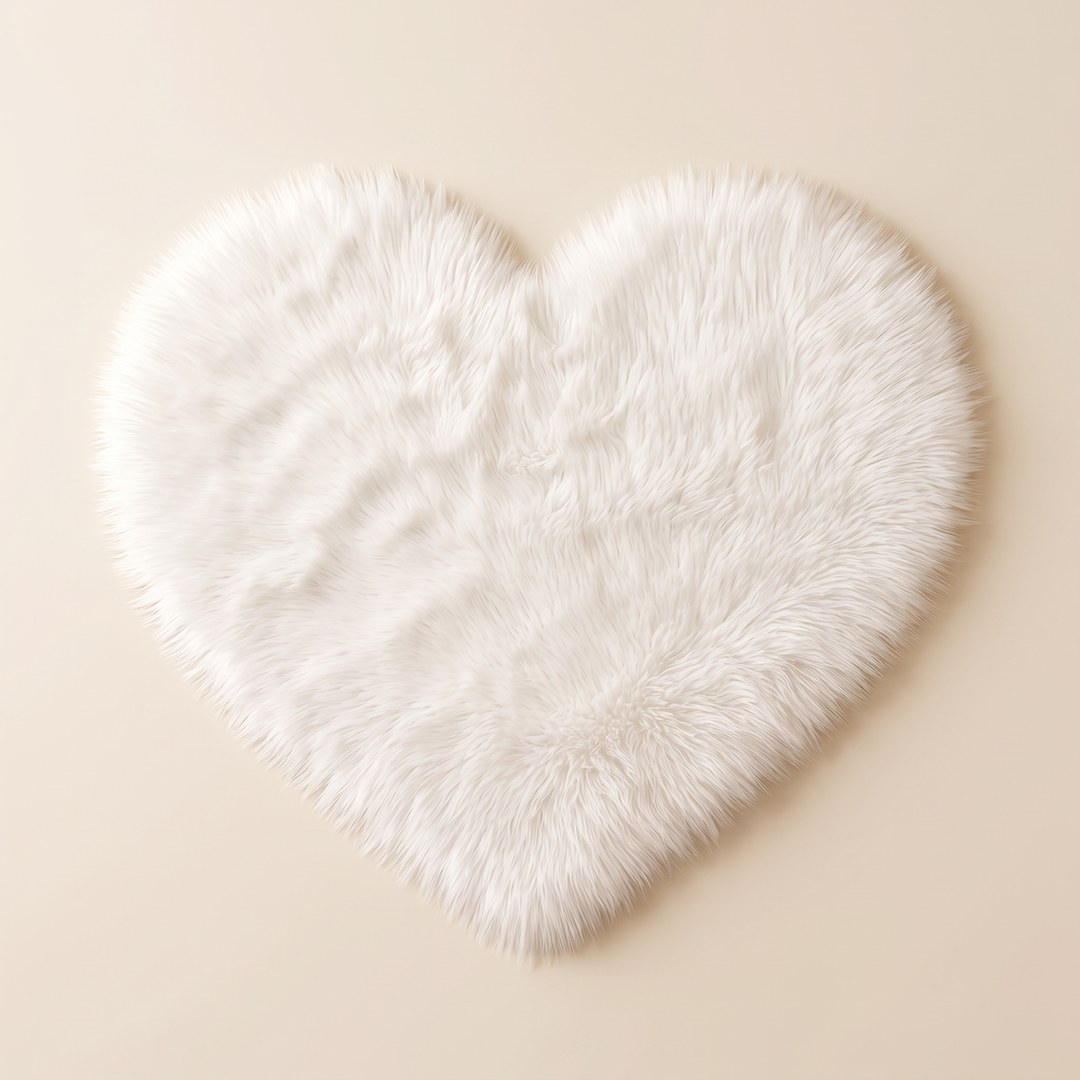 Fluffy Heart Rug – Faux Fur in White – top-down view laid flat on a plain cream background