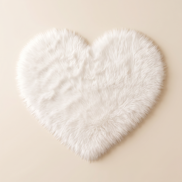 Fluffy Heart Rug – Faux Fur in White – top-down view laid flat on a plain cream background