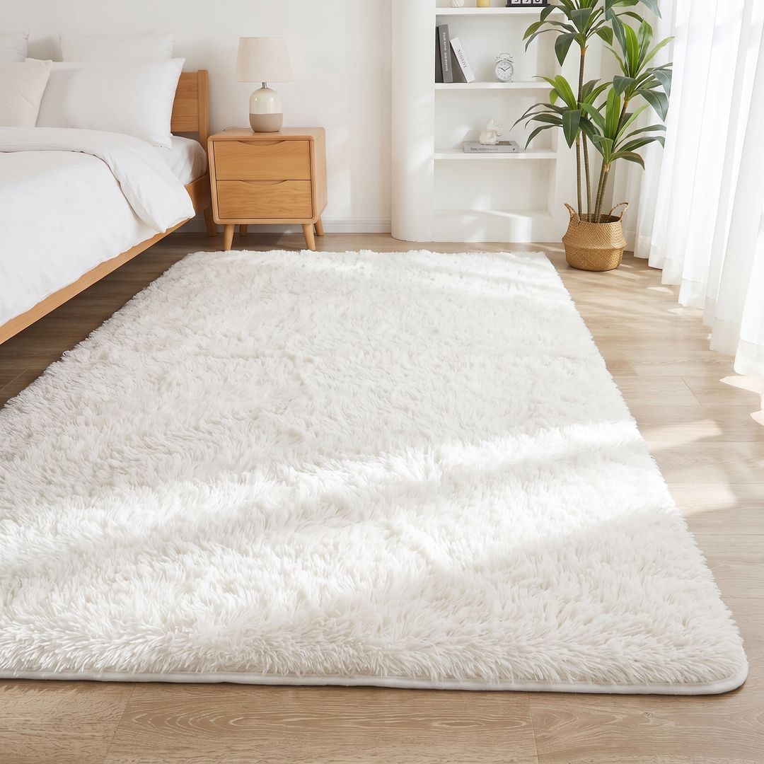 Fluffy Shag Rug in White – in sunlight beside sheer curtains and an open bookshelf