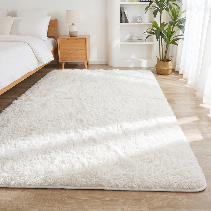 Fluffy Shag Rug in White – in sunlight beside sheer curtains and an open bookshelf