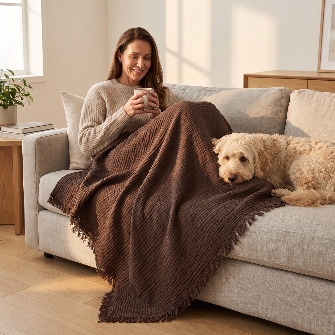 Crinkled Cotton Blanket with Fringe in Dark Brown – covering a woman&