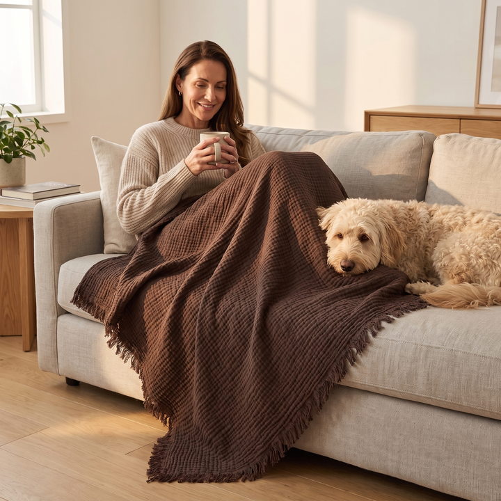 Crinkled Cotton Blanket with Fringe in Dark Brown – covering a woman&