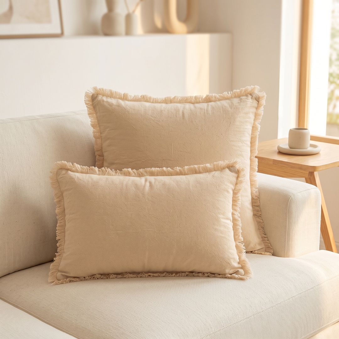 Fringed Pillow Cover in Beige – two stacked pillows on a cream sofa beside a wooden side table