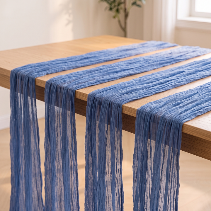 Gauze Table Runners – Set of 4 in Blue – four runners side by side, ends cascading over oak table edge