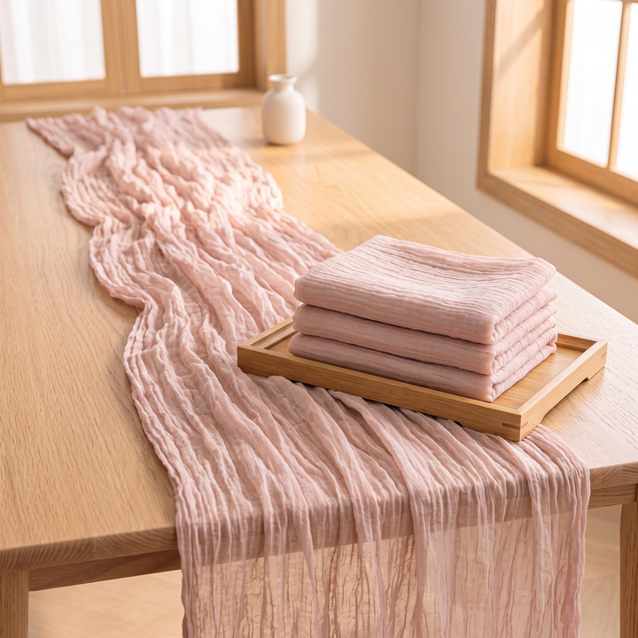 Gauze Table Runners – Set of 4 in Light Pink – folded stack on wooden tray over runner, white vase behind