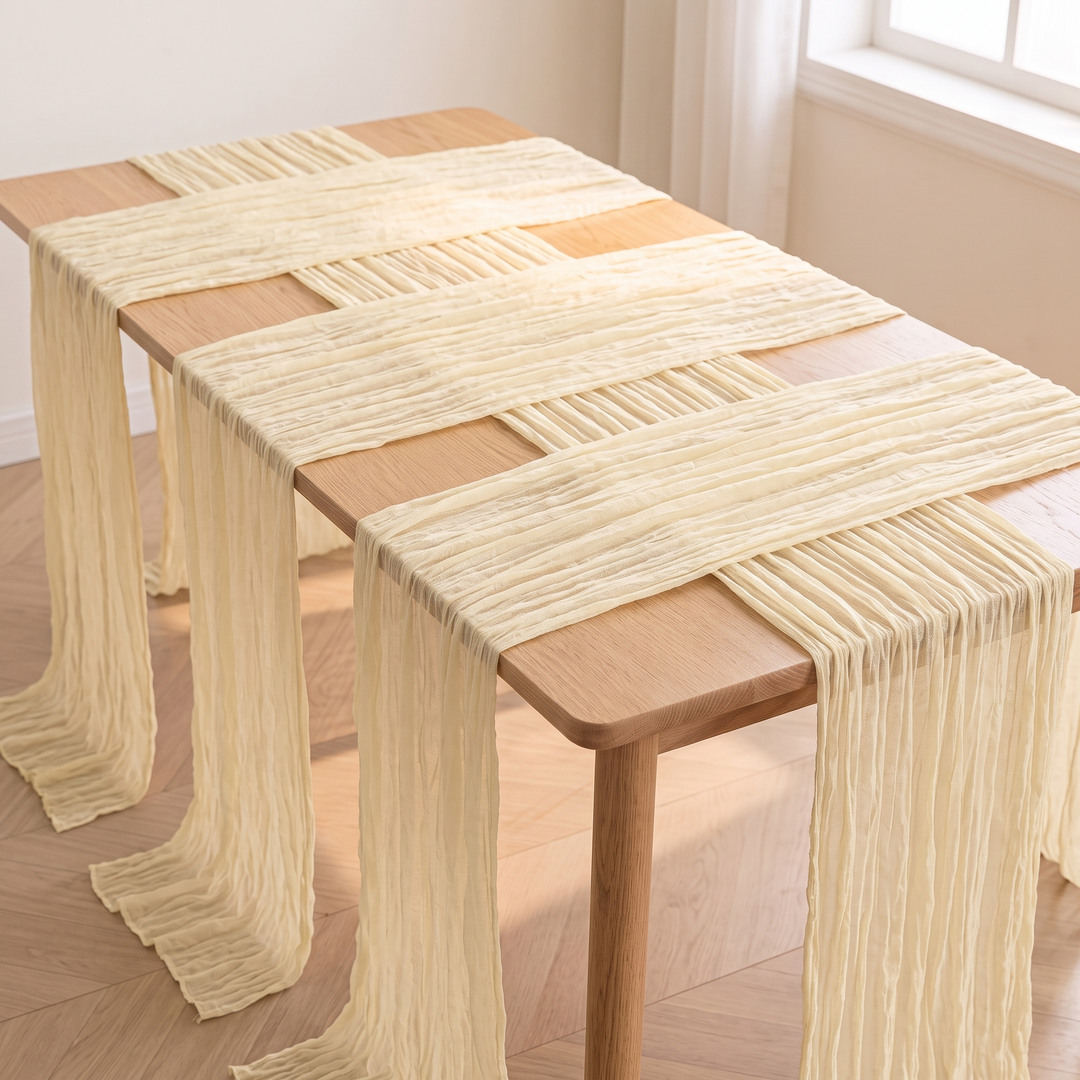 Gauze Table Runners – Set of 4 in Cream – four runners crisscrossed over a wooden table by a sunlit window