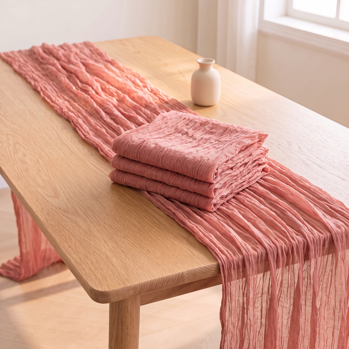 Gauze Table Runners – Set of 4 in Dusty Rose – runner spilling over table side, folded stack and small vase