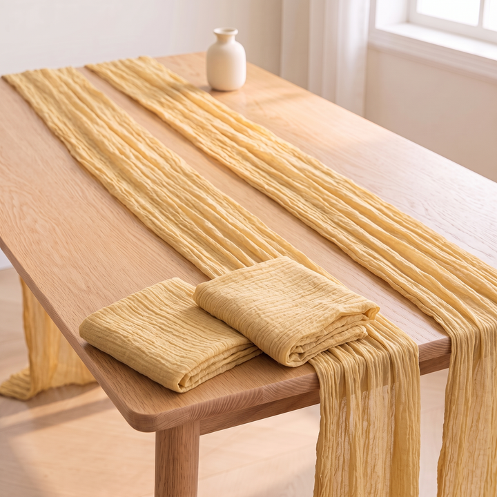 Gauze Table Runners – Set of 4 in Honey Yellow – two runners draped lengthwise, two folded at the table edge