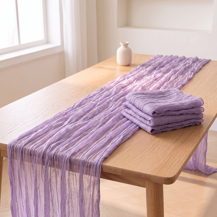 Gauze Table Runners – Set of 4 in Lavender – diagonal view of runner with folded stack laid on top