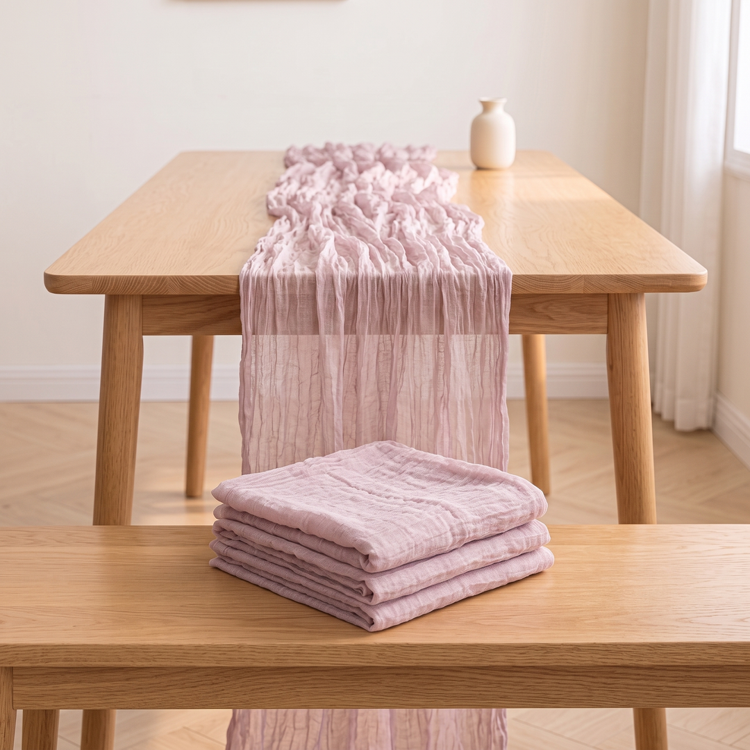 Gauze Table Runners – Set of 4 in Lilac – head-on view of runner falling over a table end