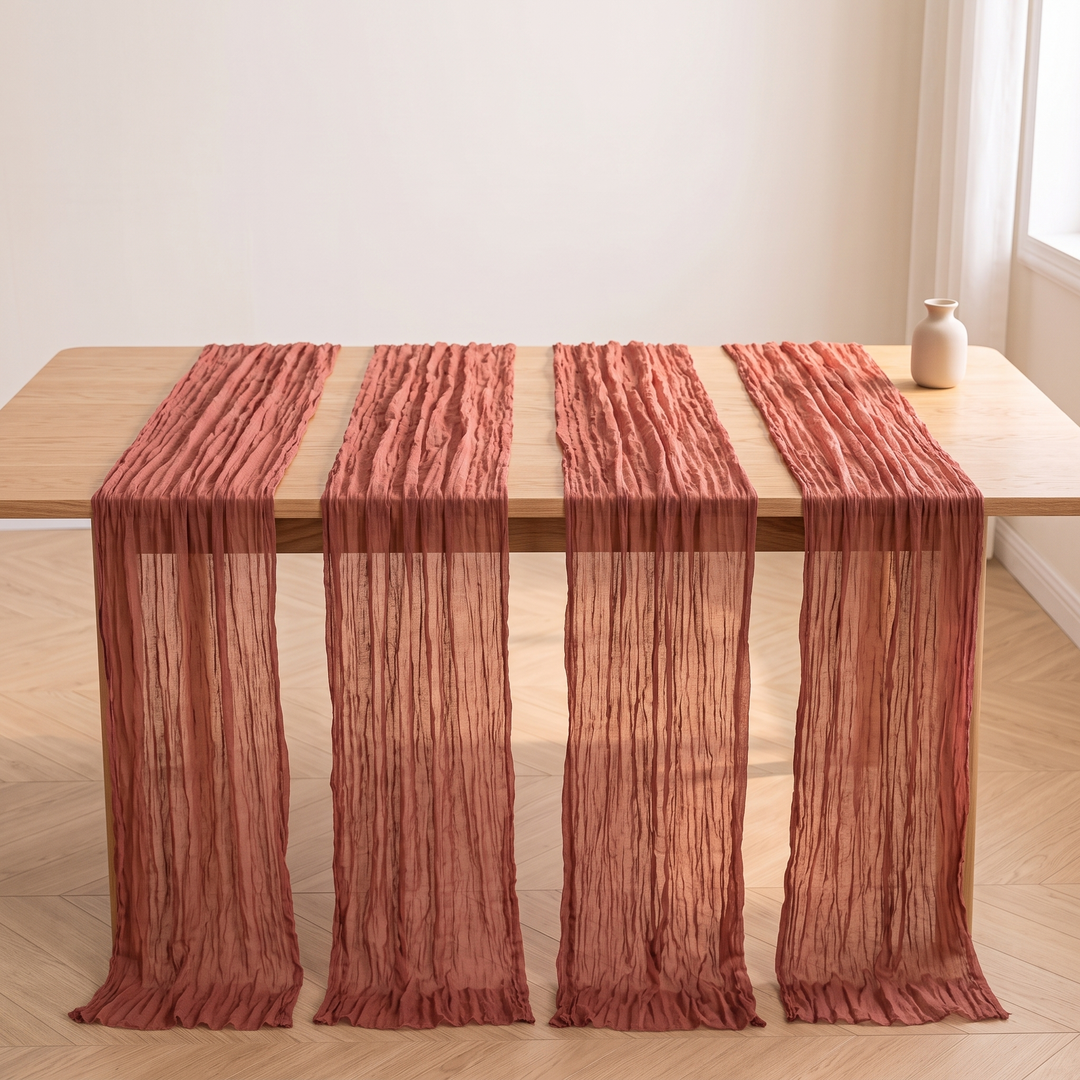Gauze Table Runners – Set of 4 in Rose – four runners hanging down a table&