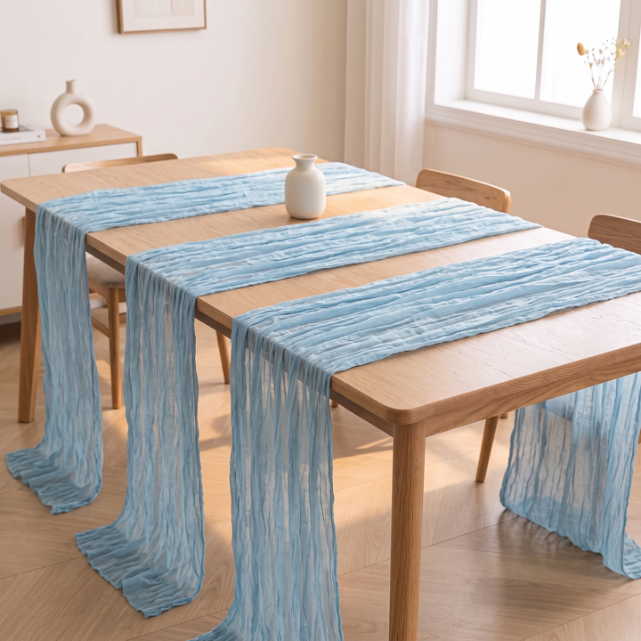 Gauze Table Runners – Set of 4 in Light Blue – three runners spaced across a table&
