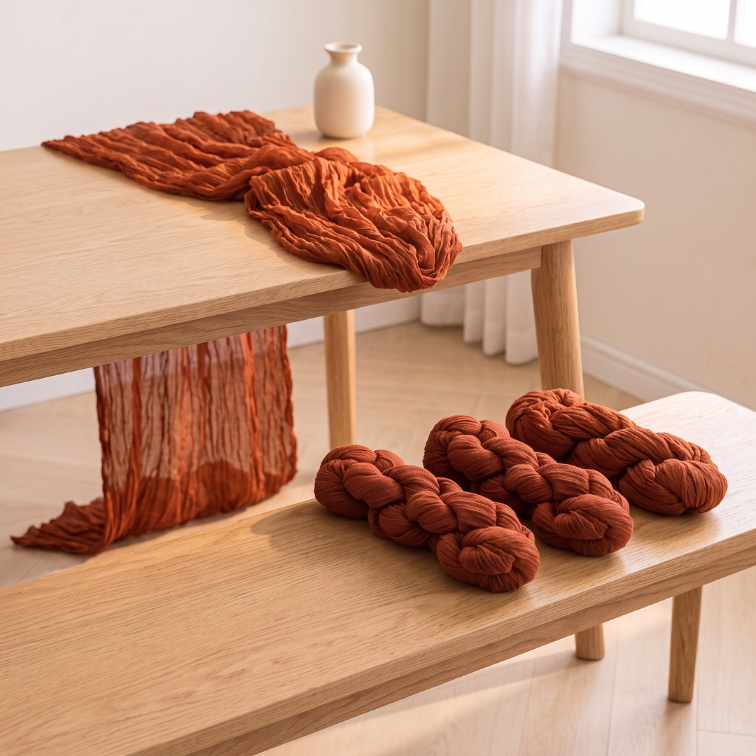 Gauze Table Runners – Set of 4 in Terracotta – three twisted bundles in a row on an oak bench