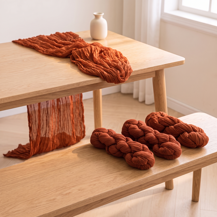 Gauze Table Runners – Set of 4 in Terracotta – three twisted bundles in a row on an oak bench