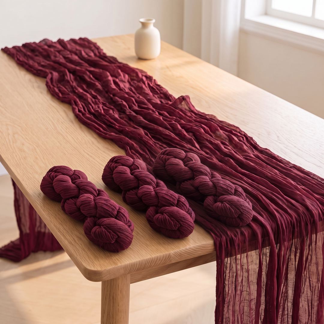 Gauze Table Runners – Set of 4 in Burgundy – draped along an oak table with three twisted bundles
