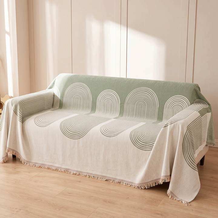 Geometric Chenille Couch Cover with Fringe in Sage – Arch – spread over a sofa in soft sunlight on wood flooring