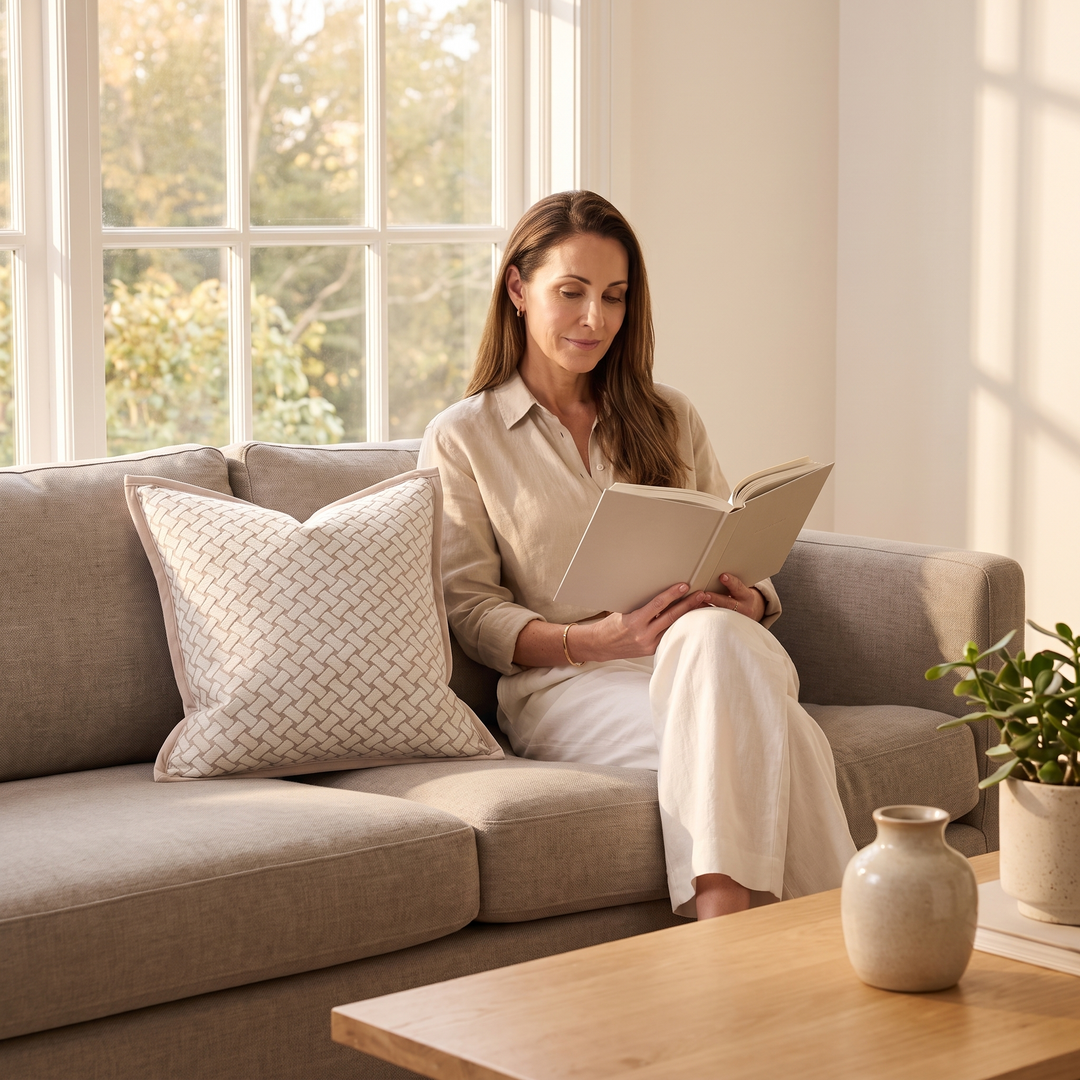 Geometric Throw Pillow Cover – Jacquard in Cream – Basketweave – on a sofa beside a woman reading by a window