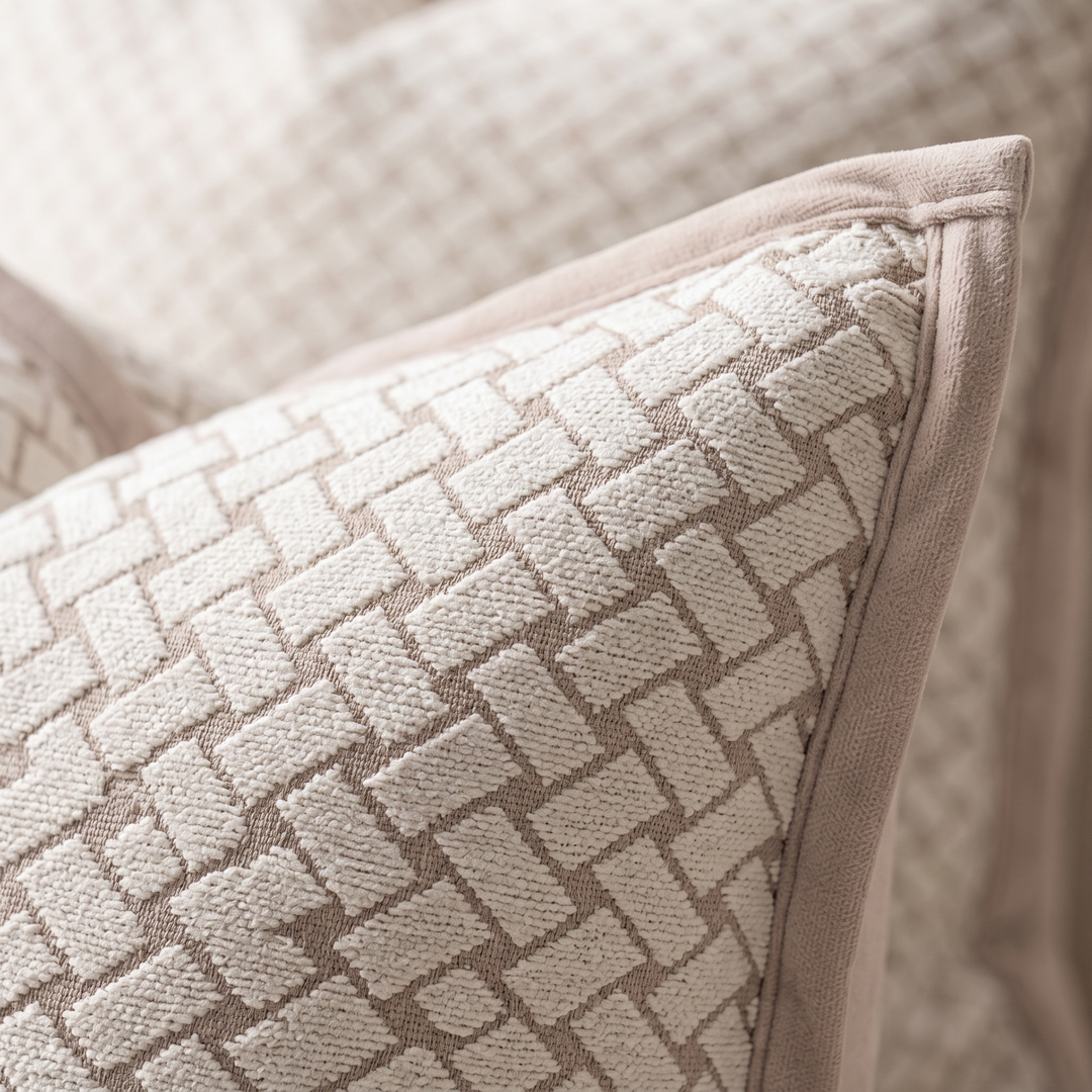 Geometric Throw Pillow Cover – Jacquard in Cream – Basketweave – close-up of the woven texture and velvet-trimmed corner edge