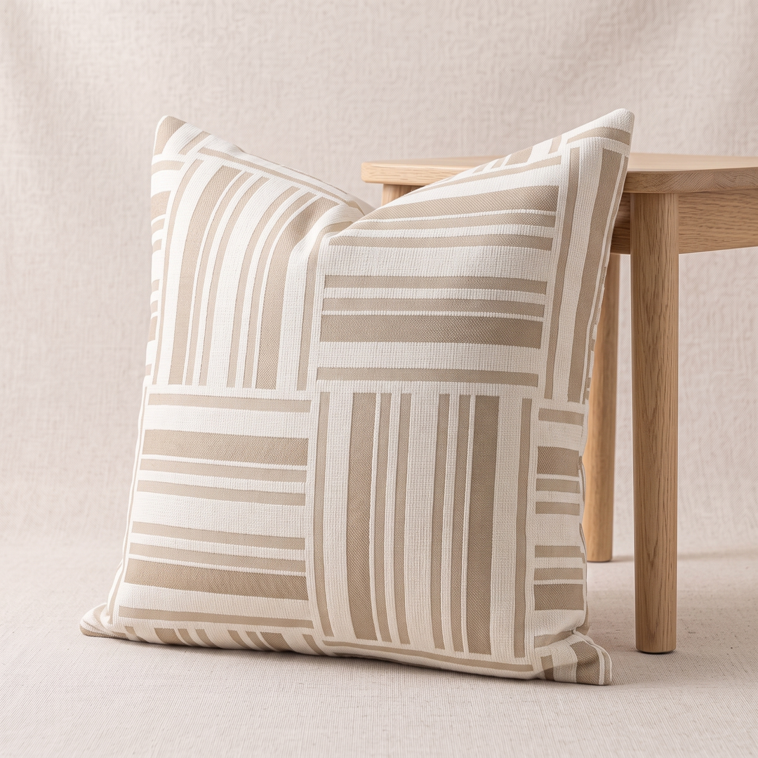 Geometric Throw Pillow Cover – Jacquard in Beige – Patchwork Stripe – angled three-quarter view resting on floor against a wooden table leg