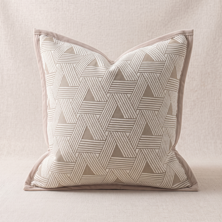 Geometric Throw Pillow Cover – Jacquard in Taupe – Triangle – centered on a cream surface with full flanged border visible
