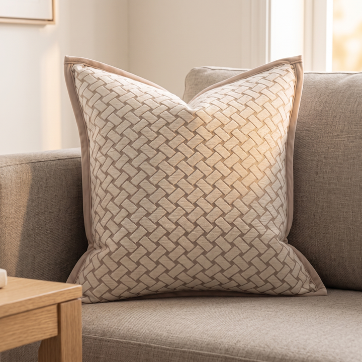 Geometric Throw Pillow Cover – Jacquard in Cream – Basketweave – propped in the corner of a sofa beside a wooden side table