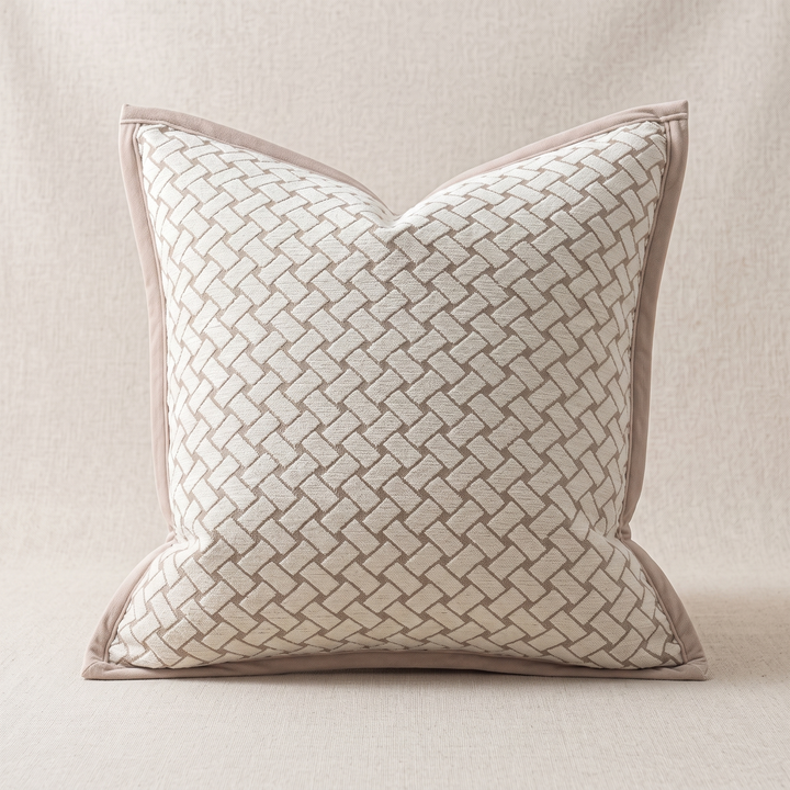 Geometric Throw Pillow Cover – Jacquard in Cream – Basketweave – front view standing upright against a plain neutral linen backdrop