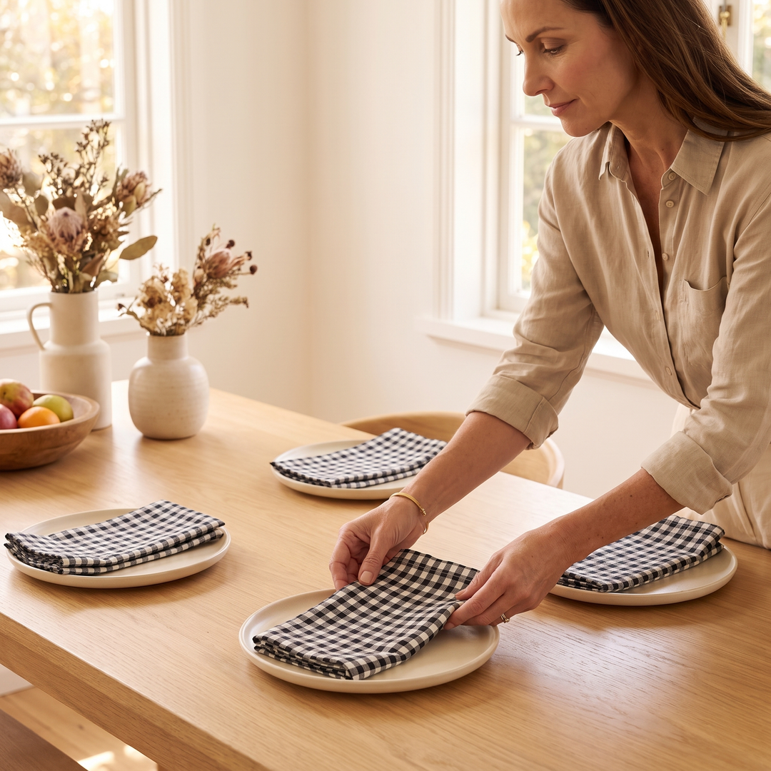 Gingham Cloth Napkins – Set of 4 in Black Gingham – set on plates by a woman in a sunlit room