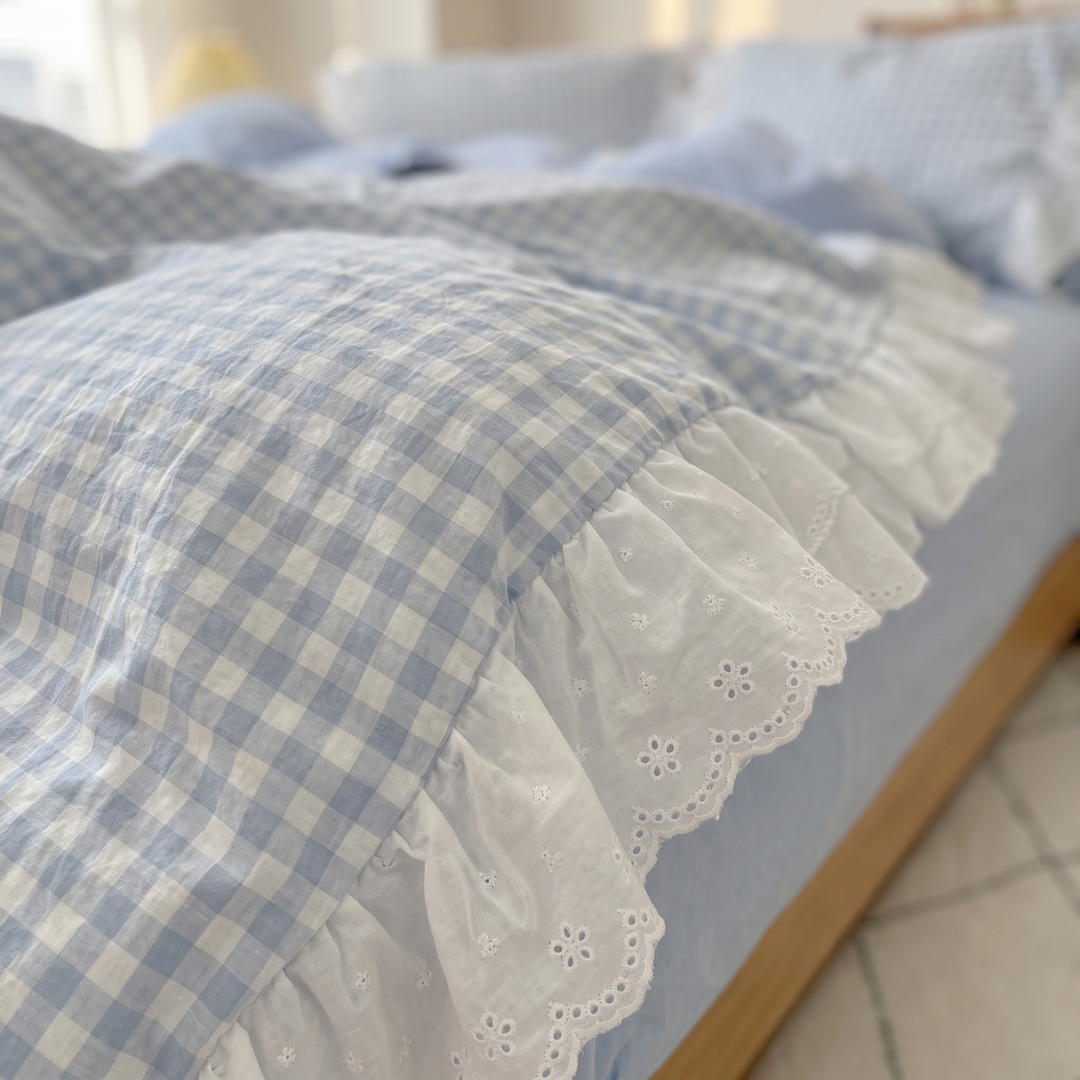 Gingham Duvet Cover Set – Ruffled in Blue Gingham – close-up of eyelet lace ruffle on bed edge