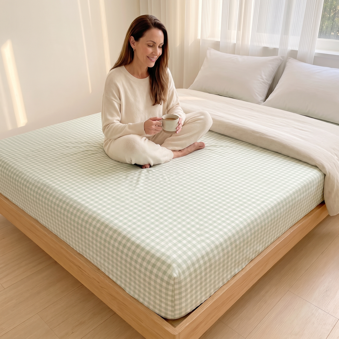 Gingham Fitted Sheet in Green Gingham – woman sitting cross-legged holding a mug on a sunlit bed
